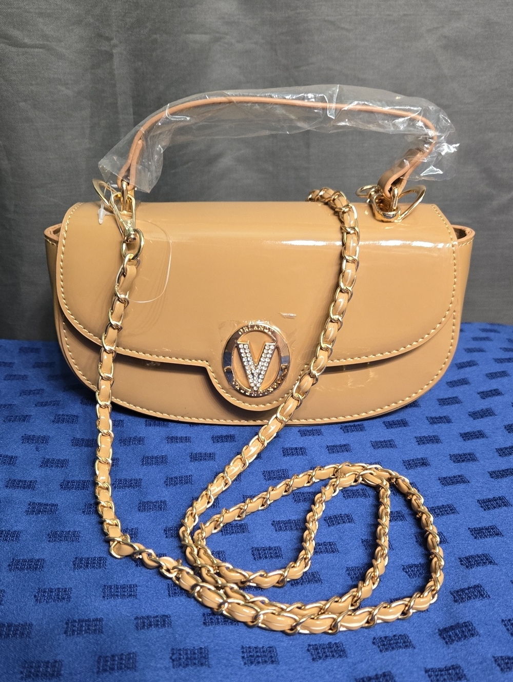 Valentino Orlandi Tan Patent Leather Crossbody with Gold Chain and V Logo